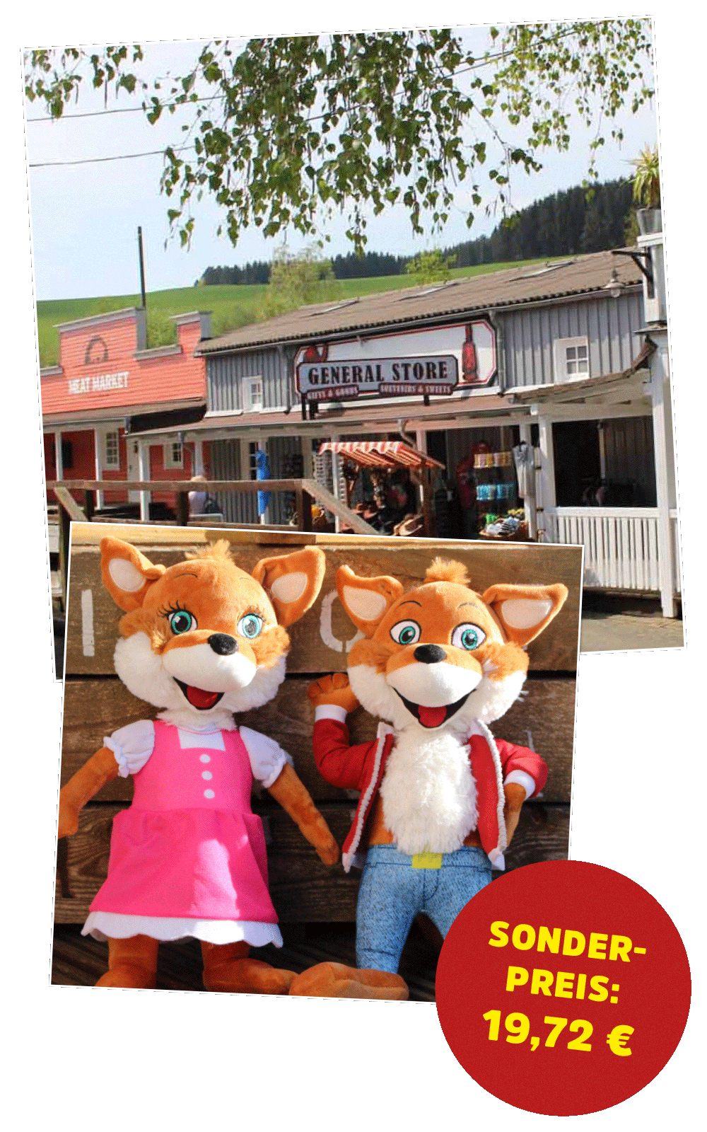 Die Plüschfiguren Funny und Frida stehen vor dem General Store und können dort gekauft werden.
